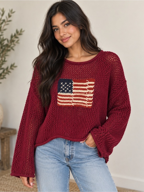 Zenana Outfitters Sweaters - Zenana Open Knit American Flag Sweater | Cabernet 🇺🇸
